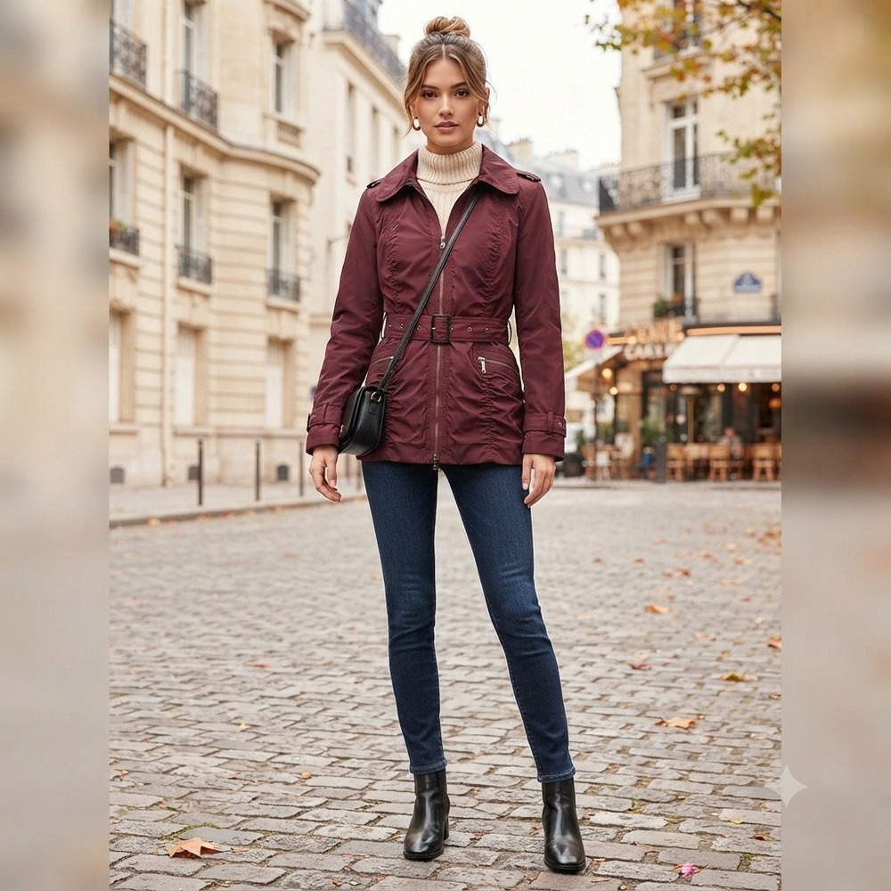Caché Ruched Belted Windbreaker Jacket Utility Trench Coat Burgundy Medium